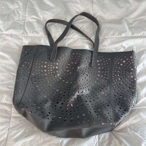 Perforated Gray Faux Leather Tote Bag – 18” x 13” Large Shoulder Bag - Picture 11 of 12